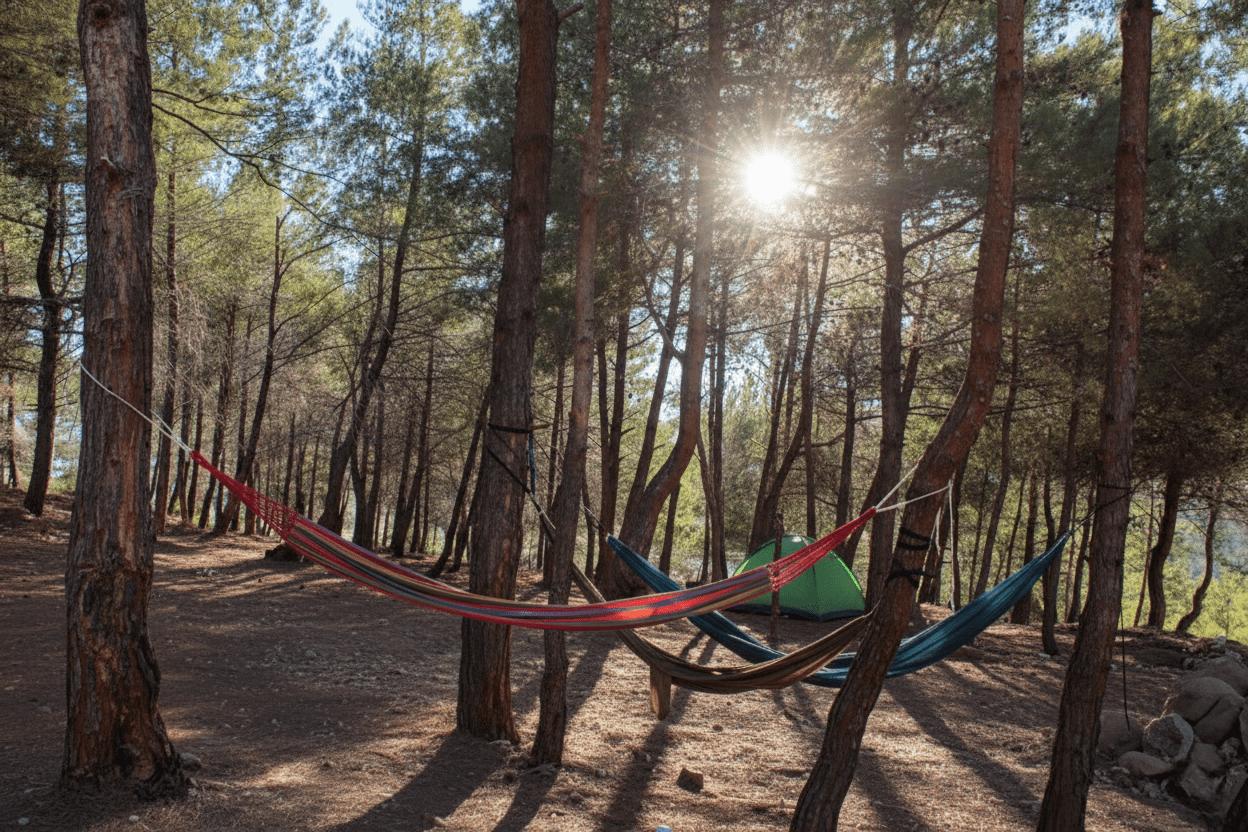 Hammocks hanging between pine trees at Horizon Pines camping site in Kobayat, Lebanon with sunlight shining through the forest and tents in the background.