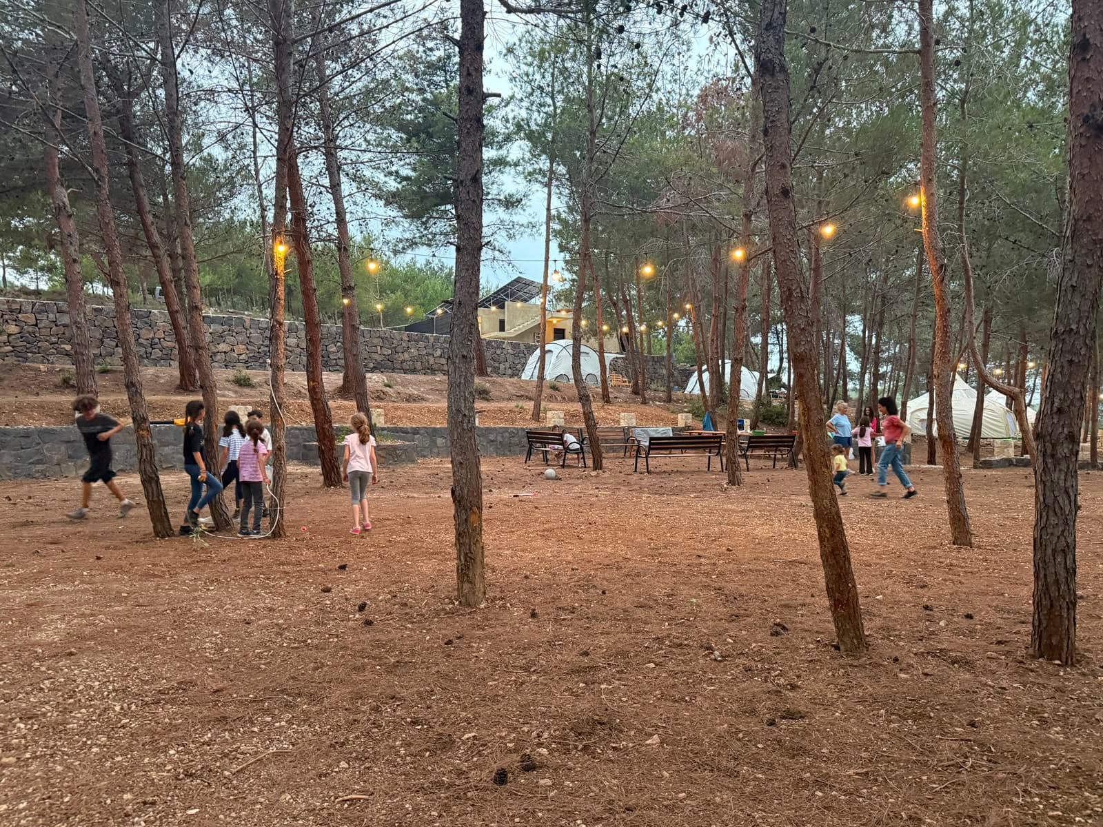 Families and children enjoying the pine forest near the glamping tents at Horizon Pines in Kobayat, Akkar, Lebanon.