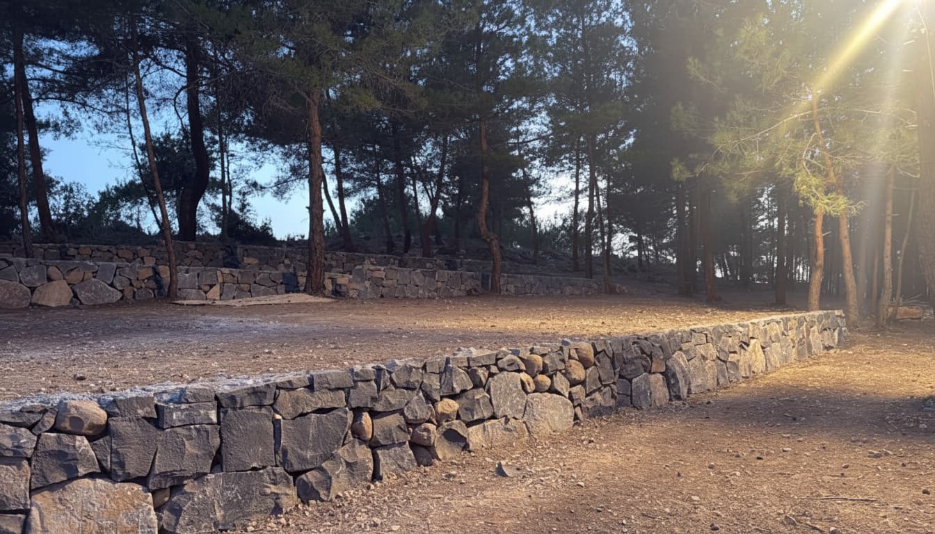 Stone terrace walls in the pine forest at Horizon Pines, Lebanon, bathed in evening light