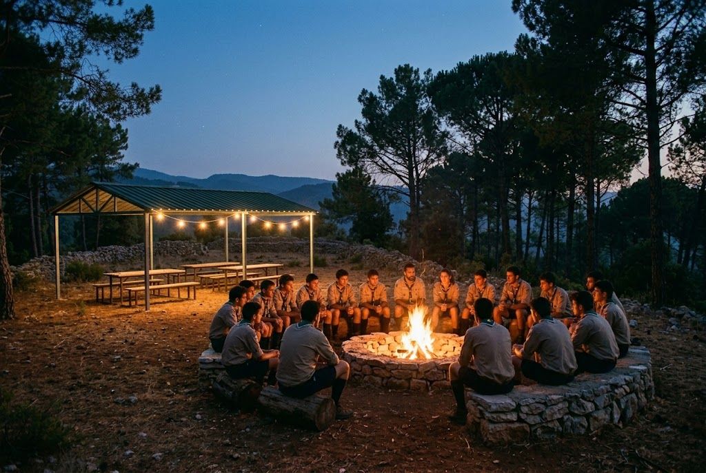 Illustration: a scout troop sitting around a stone fire pit at dusk in a pine forest