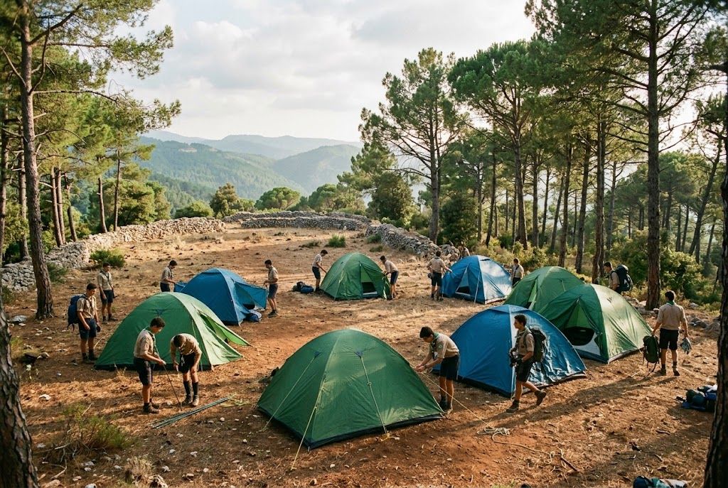 Illustration: a scout troop pitching green and blue tents in a pine forest clearing