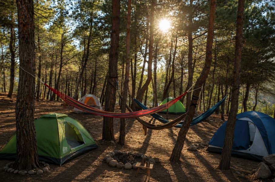 Camping tents and hammocks among the pines at Horizon Pines, Kobayat
