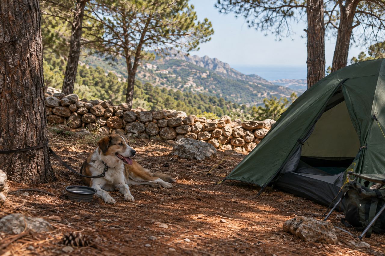 Illustration: a dog on a lead resting beside a tent in a pine forest, with a water bowl