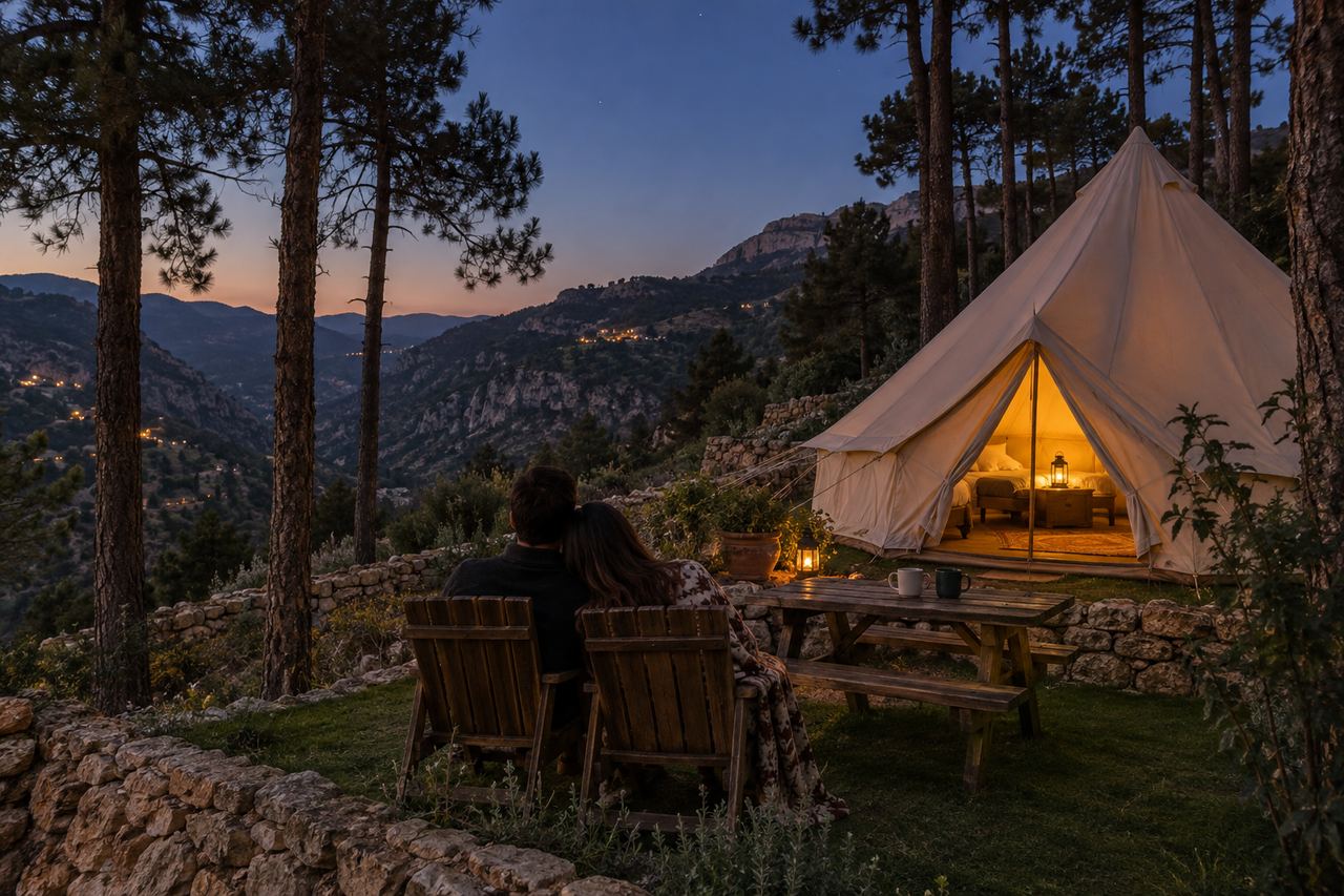 Illustration: a couple sitting outside a canvas bell tent among pines at dusk