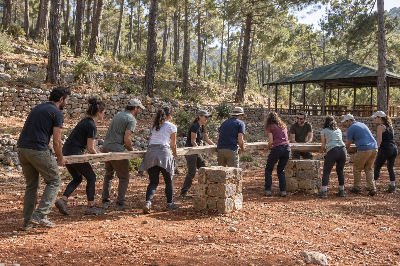 Illustration: a team working together on an outdoor challenge in a pine forest clearing