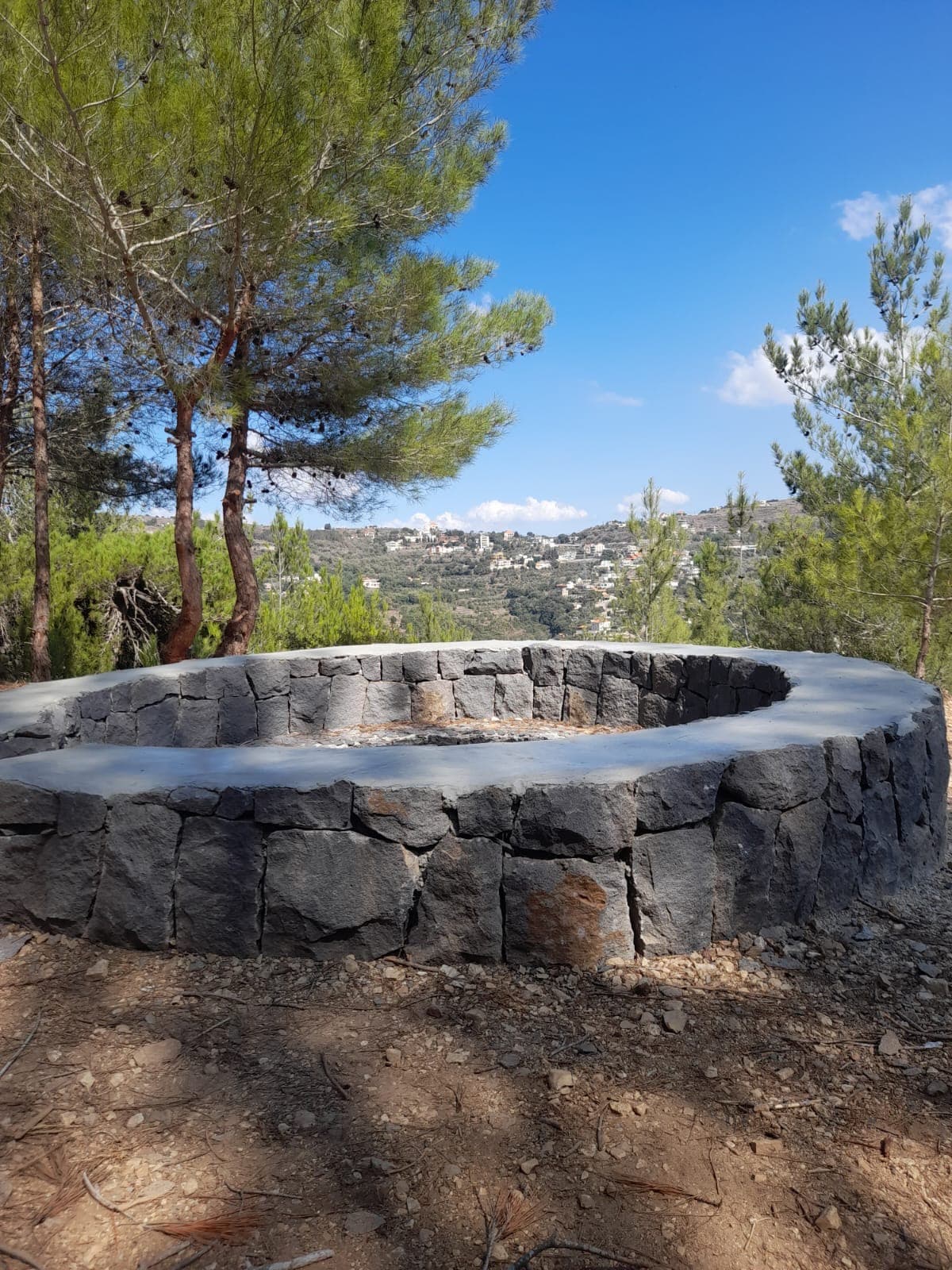Campfire area surrounded by pine trees at Horizon Pines campsite in Lebanon