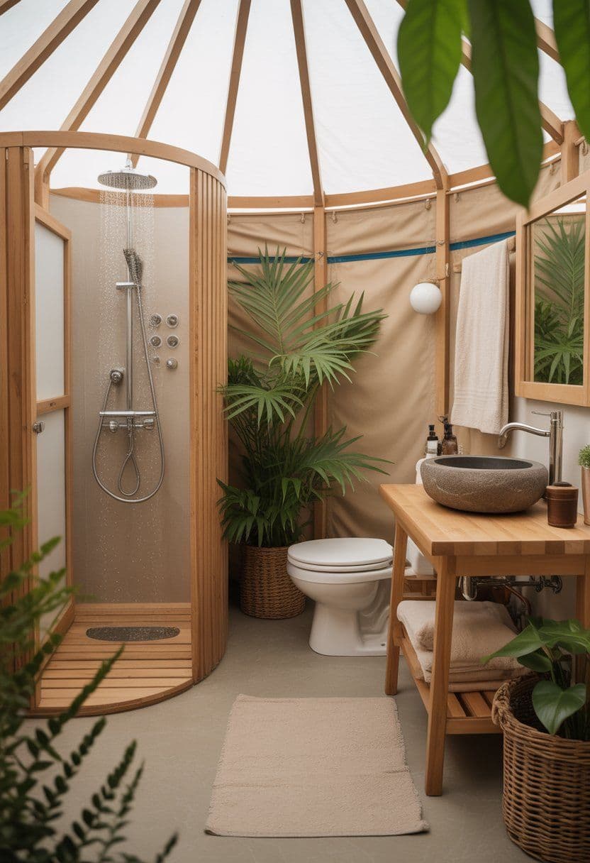 Stylish eco glamping bathroom inside yurt with wood accents and rainforest shower at Horizon Pines