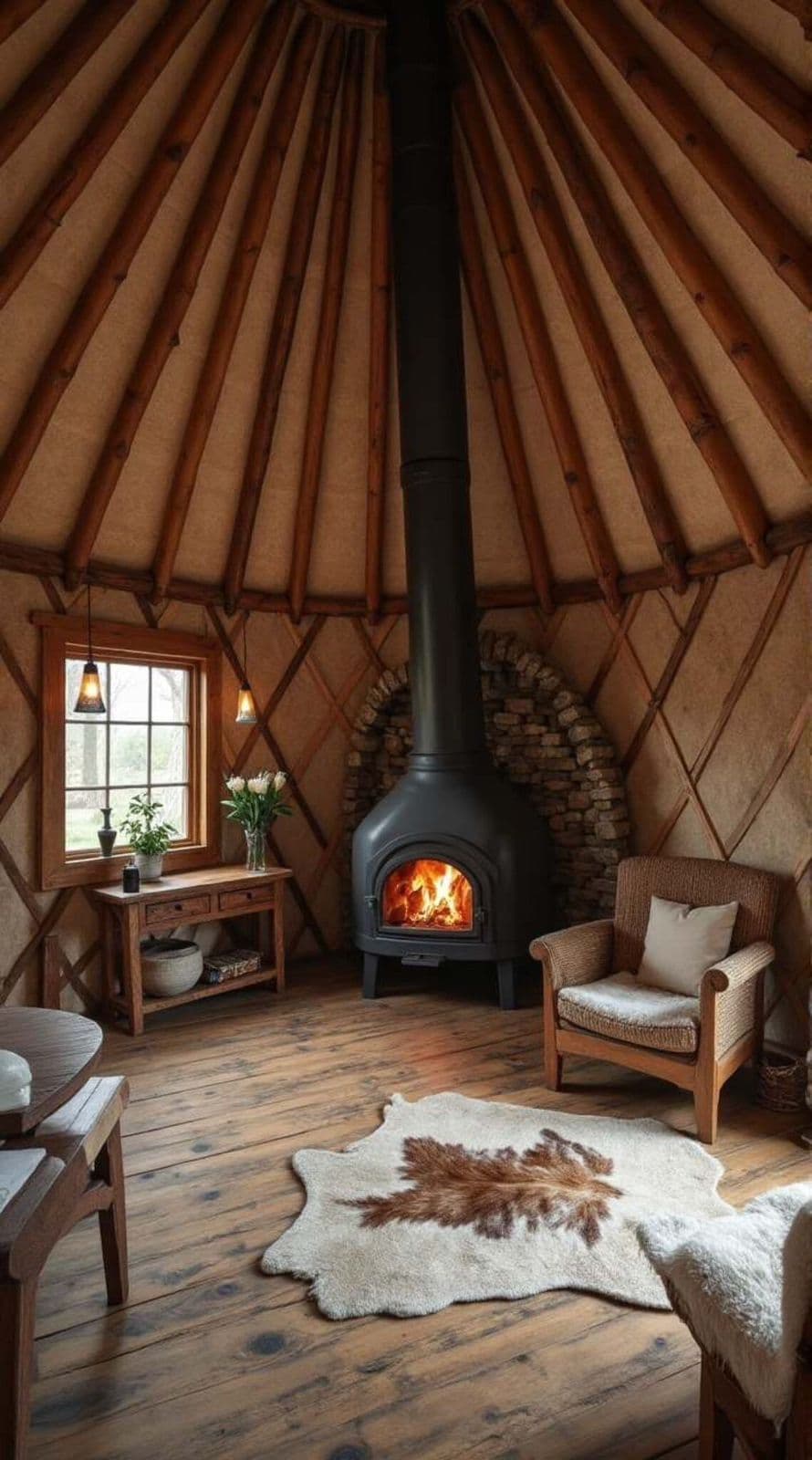Rustic yurt living room with wood-burning fireplace and warm wooden cabin atmosphere at Horizon Pines