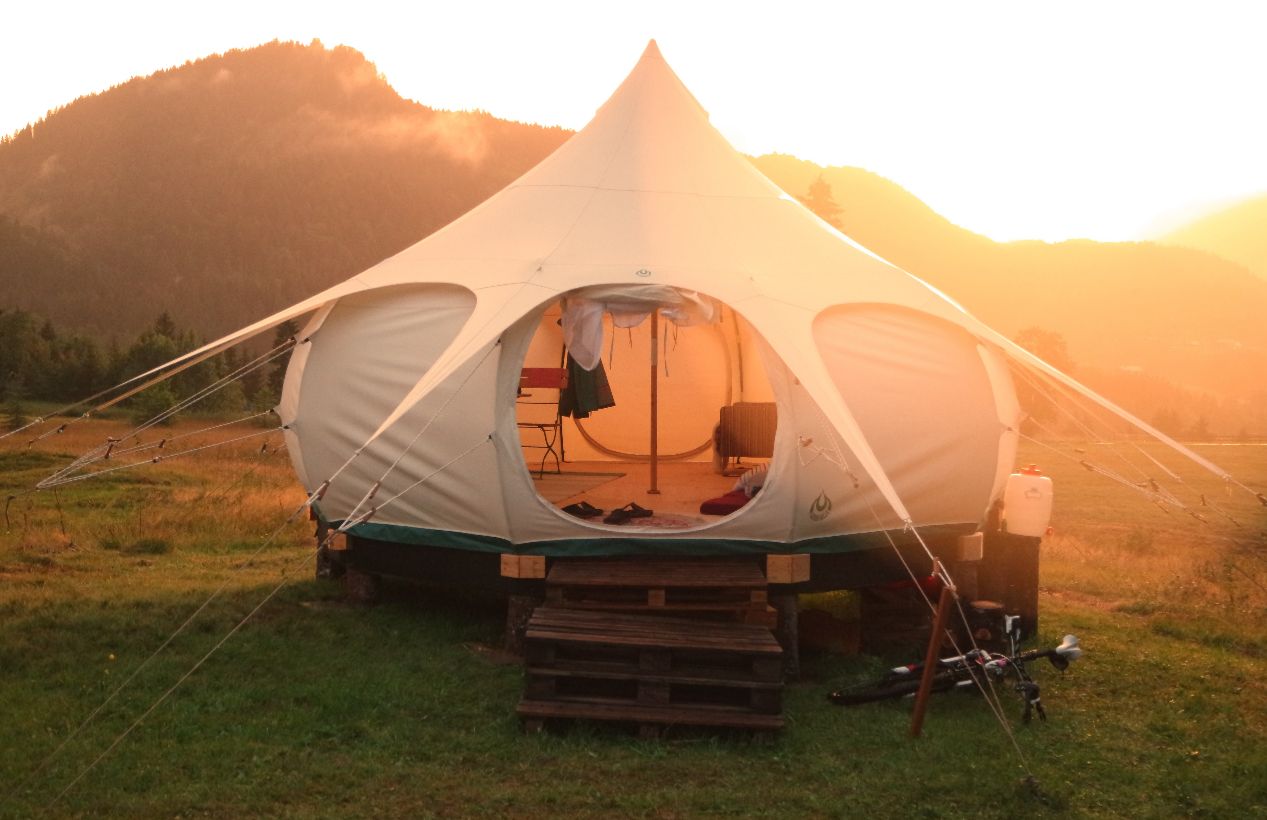 Sunrise view behind the Lotus Belle Tent in Akkar forest