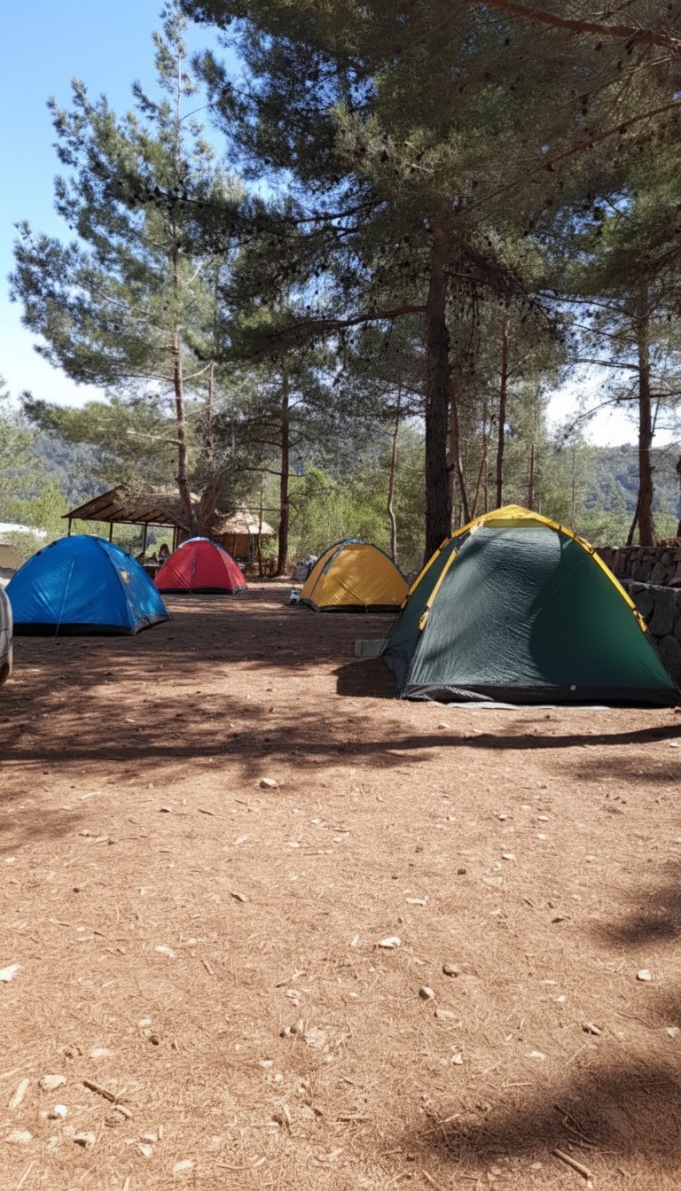 Colorful camping tents set up under tall pine trees in a sunny forest clearing in kobayat, Lebanon.