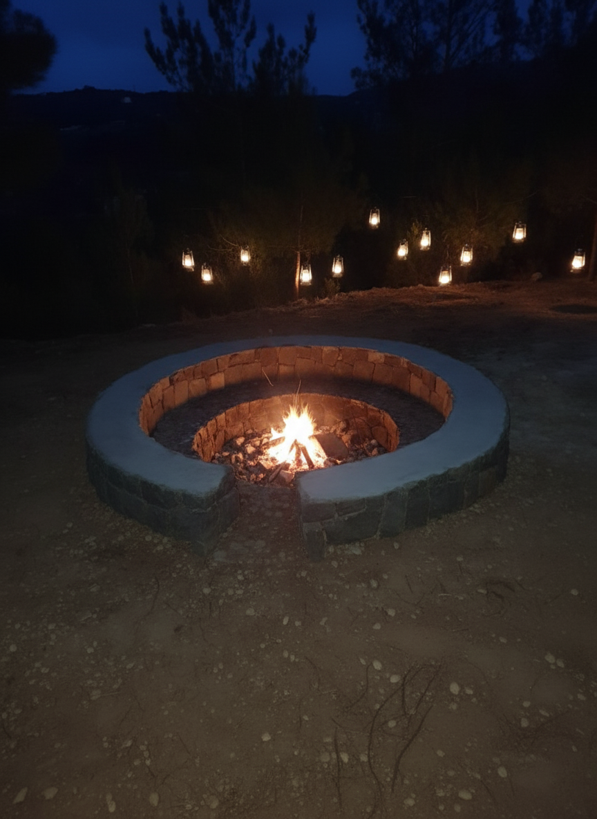Stone firepit glowing at night with hanging lanterns in a quiet forest setting at Horizon Pines in Kobayat, Lebanon.