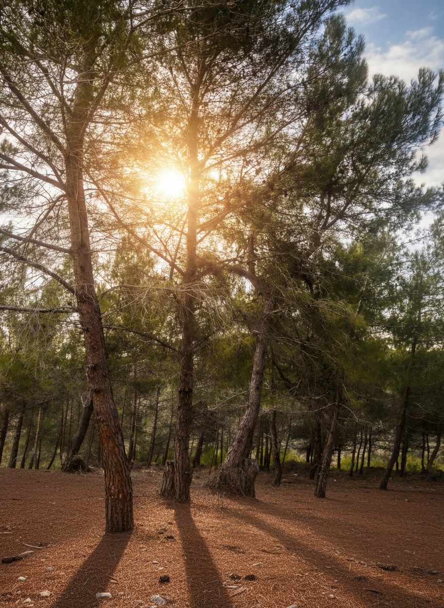 Sunlight shining tall pine trees in a peaceful forest at Horizon Pines in kobayat.