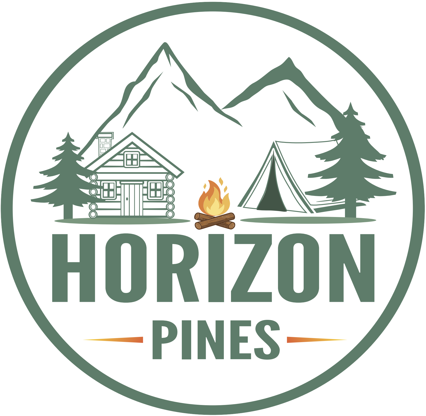 Horizon Pines logo showing a wooden cabin, tent, pine trees, and campfire under mountain peaks — representing eco glamping and camping in Lebanon.