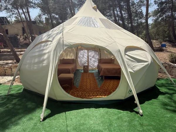 Lotus Belle tent — open entrance twin beds
